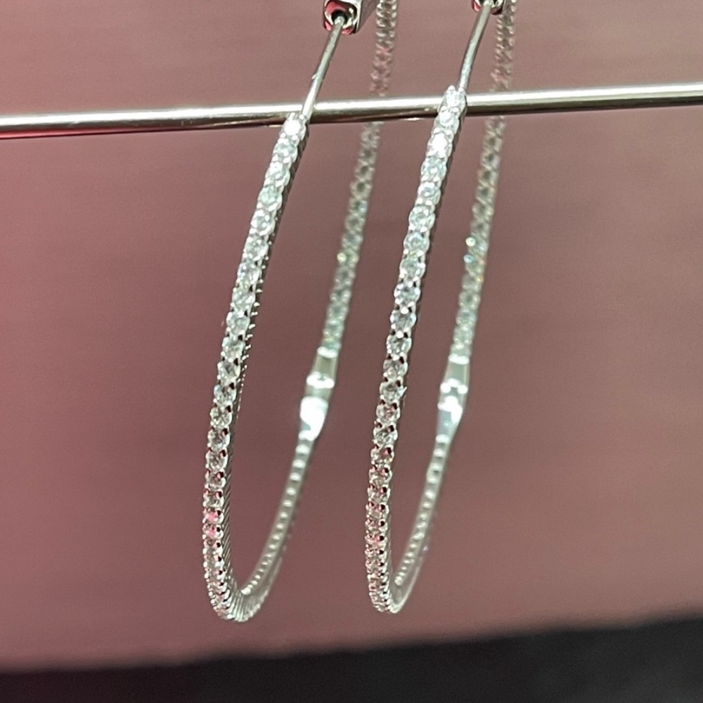 FASHION JEWELRY ROUND SILVER HOOP EARRINGS STAINLESS STEEL CUBIC ZIRCONIA STONE